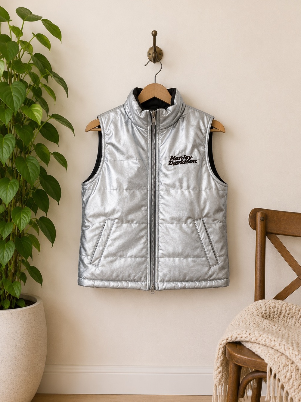 Harley-Davidson Reversible Moto Vest Metallic Silver Black Womens Sz S Edgy Bold